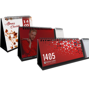 تقویم رومیزی گلاسه 200 گرم پایه سخت ( پایه مشکی با سلفون مات )